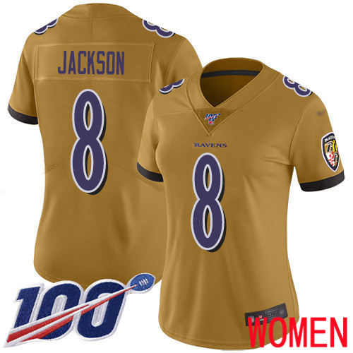 Baltimore Ravens Limited Gold Women Lamar Jackson Jersey NFL Football 8 100th Season Inverted Legend